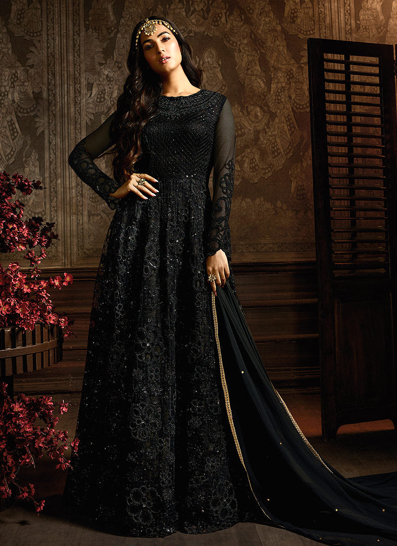 Graceful Black Embroidered Anarkali Gown with Matching Dupatta.
